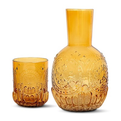 Elle Decor 2 Piece Carafe Set Bedside Night Water Carafe Glass Pitcher and Cup that Doubles as a Lid, Perfect for Storing Drinks on Desktop/Shelf
