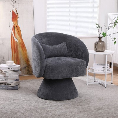 CAVINAS Faux Fur/Linen Upholstered Swivel Accent Chair with Wooden Base,Modern Round Barrel Chair,Armchair for Bedroom,Reading Room