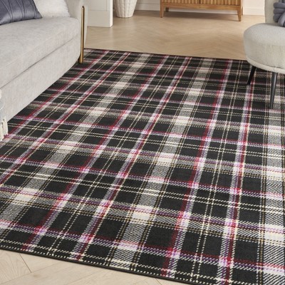Hand-Knotted Black Plaid 8' x 10' Synthetic Area Rug