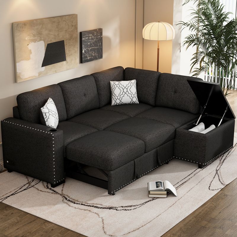 83.8" L-Shaped Reversible Sectional Sofa Bed with Storage Lounge, USB Ports, Power Outlets and Cup Holders - ModernLuxe, 2 of 15