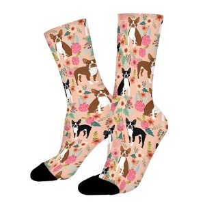 Boston Terriers Flower Women Printed Crew Socks Funny Funky Socks Soft Polyester Novelty Gifts for Artists Men - 1 of 4