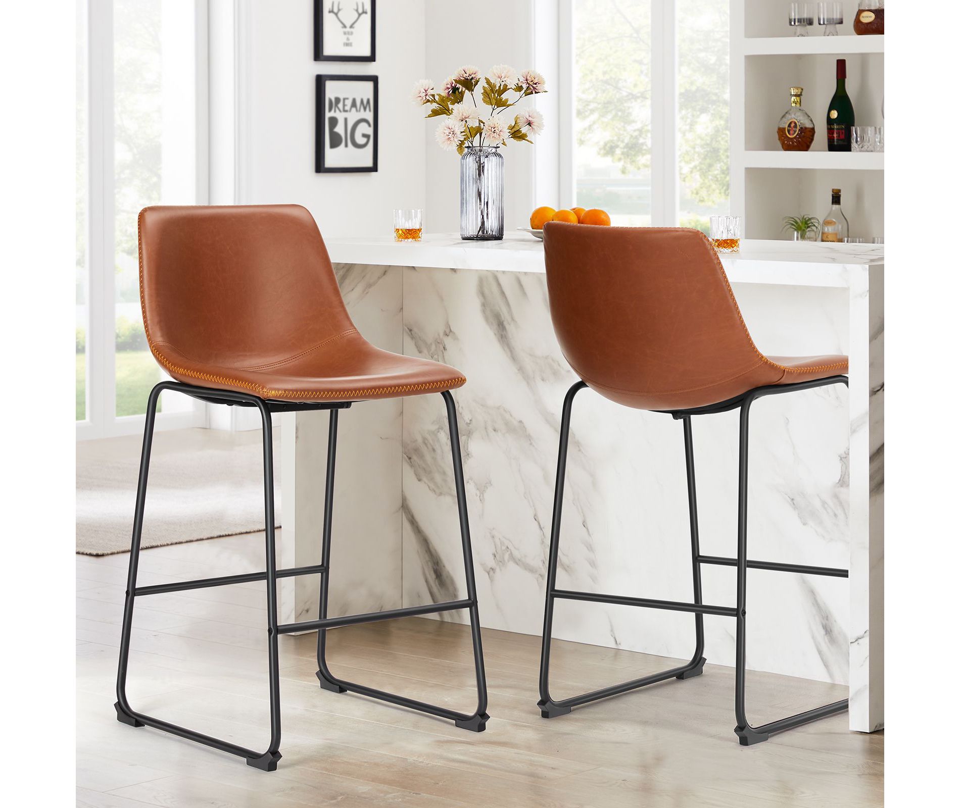 JIONJOY 26 in. Metal Frame Counter Stool with Faux Leather Seat Set of 2 -Brown