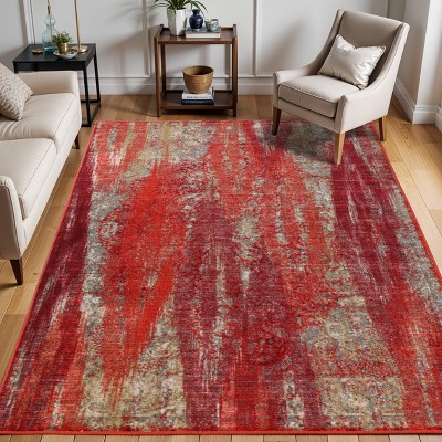 Modern Red and Blue Abstract Washable Area Rug