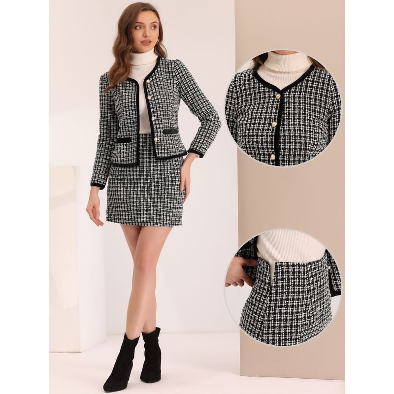 Allegra K Women's Outfits Plaid Tweed Short Blazer and Skirt Suit Set 2 Pieces, 2 of 6