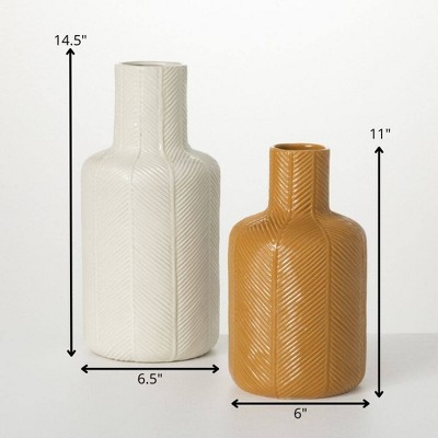 Large White and Mustard Artisanal Ceramic Vase Set