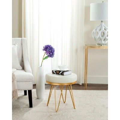 Cream and Gold Faux Ostrich Round Stool with Hairpin Legs