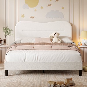 Bed Frame with Teddy Velvet Soft Curved Headboard, Platform Bed with Wooden Slats Support, Easy Assembly, Noise-Free, White - 1 of 4