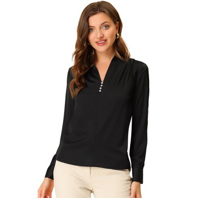 INSPIRE CHIC Women's V Neck Decor Button Pleated Solid Office Long Sleeve Shirt