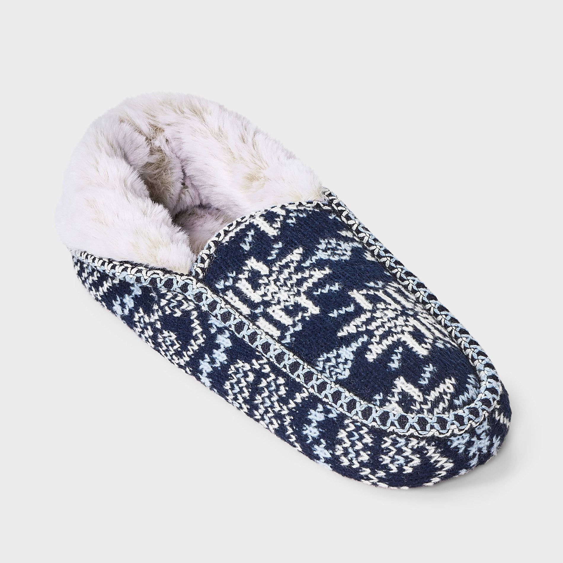 Women's Fair Isle Knit Slipper Sock with Faux Fur Lining and Grippers - Auden™ Navy