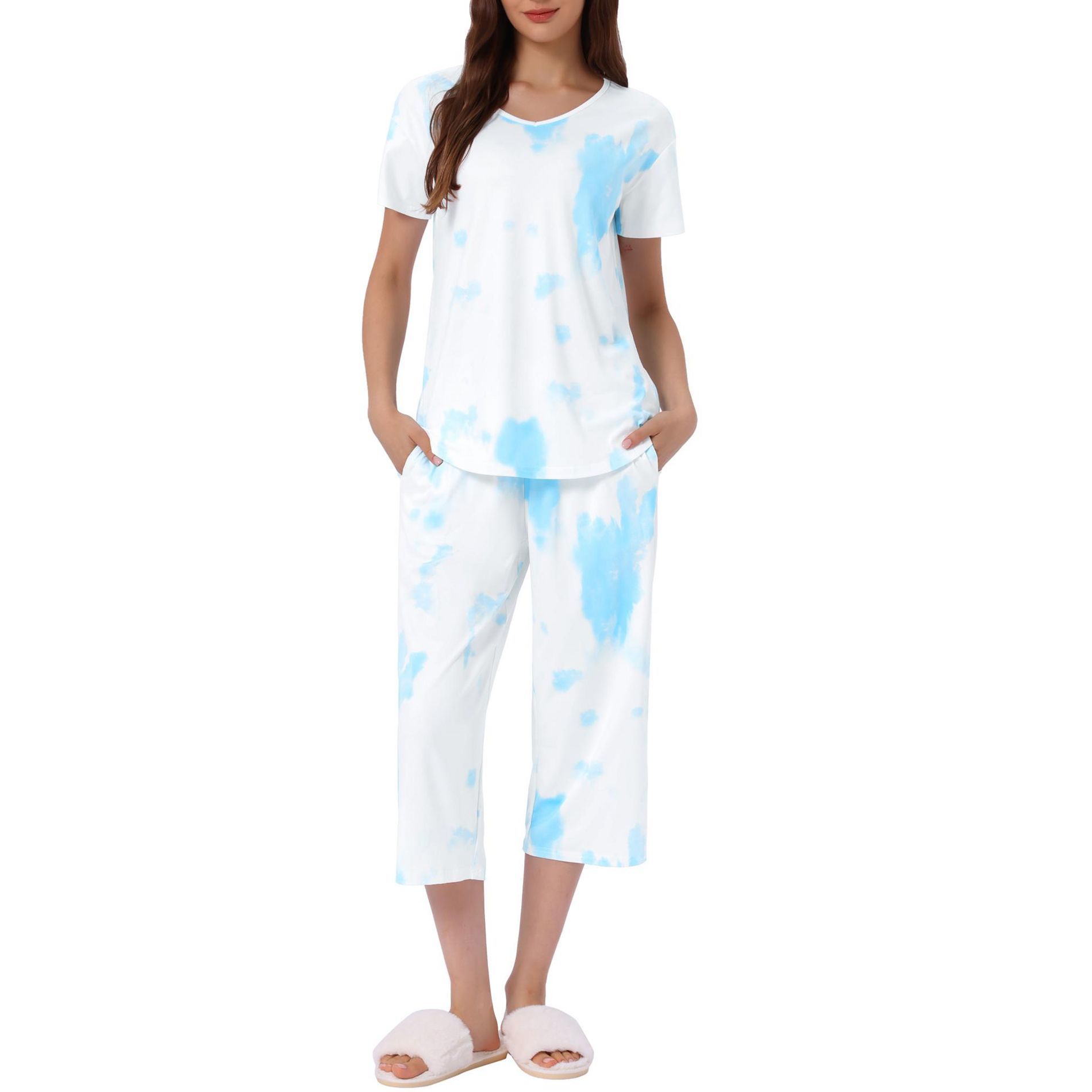 cheibear Women's Pajama Set Tie Dye Short Sleeve Capri Pants Lounge Sets with Pockets X-Large Blue White