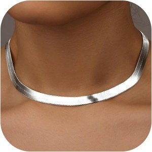 14K Gold/Silver Plated Herringbone Necklace for Women, Dainty Layered Choker Non-Tarnish - 1 of 4
