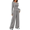 Women's Casual 2-Piece Set - Asymmetrical Hem Long Sleeve Top And Wide Leg Pants Lounge Outfit - 3 of 4