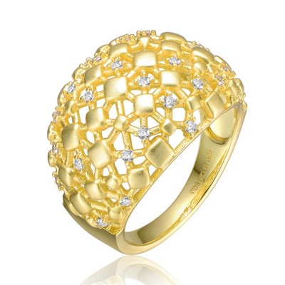 Luxurious 14k Yellow Gold Plated Dome-Shaped Ring with Textured Nugget Design and Sparkling Cubic Zirconia for a Bold and Sophisticated Look