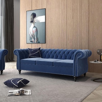 ORRD Chesterfield Sofa Faux Leather, Modern PU Tufted Couch 3 Seater with Rolled Arms and Nailhead for Living Room, Bedroom