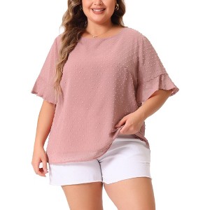 Agnes Orinda Women's Plus Size Round Neck Flounce Sleeve Swiss Dots Double-Layered Blouses - 1 of 4