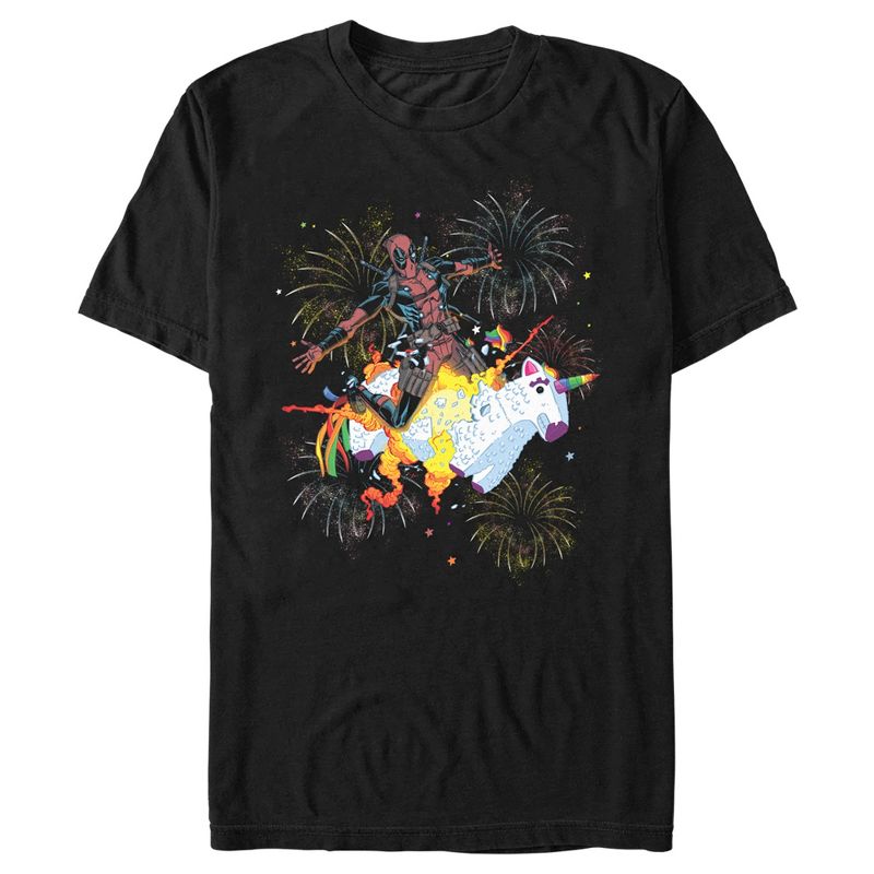 Men's Marvel Fourth of July Deadpool Unicorn Fireworks T-Shirt, 1 of 6