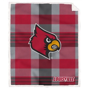 NCAA Louisville Cardinals Plaid Steel Royal Plush Faux Shearling Blanket - 1 of 2
