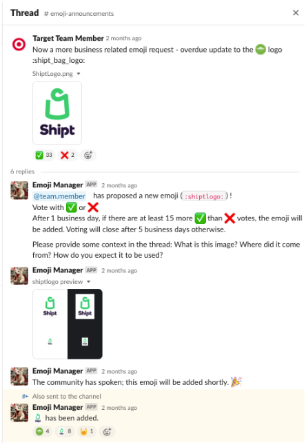 Slack messages showing a proposal to add the Shipt logo as a custom emoji, including automated messages from the Emoji Manager App that share the process asking team members to vote, and the emoji will be added with at least 15 more positive than negative votes after one business day, and asking for context on the proposed image.