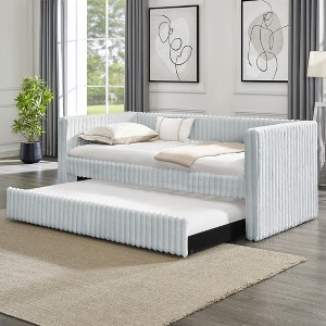 Twin Size Upholstered Daybed with Pull-Out Trundle, Plaid/Striped Corduroy Sofa Bed Frame for Small Spaces - ModernLuxe - 1 of 4