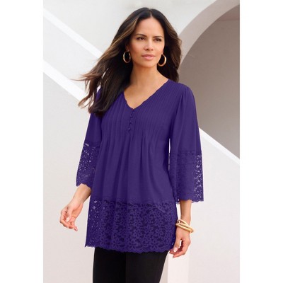 Roaman's Women's Plus Size Lace-Hem Pintuck Tunic