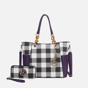 MKF Collection Bonita Checker Tote & Wallet Set - Stylish Vegan Leather Bag by Mia K - Purple - 1 of 4