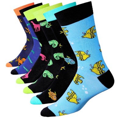 JAMES FIALLO Mens 6 Pairs Funky Novelty Jurassic Jewel Colorful Patterned Crew Dress Socks