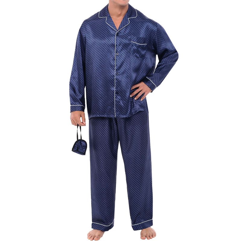 ADR Men's Classic Satin Pajamas Lounge Set, Long Sleeve Top and Pants with Pockets, Silk like PJs with Matching Sleep Mask, 1 of 7