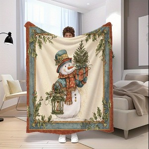 Christmas Snowman Flannel Throw Blanket Soft Warm Flannel Fabric with Snowman Holly Berry Winter Design,Christmas Decorations, Christmas Gift. - 1 of 4