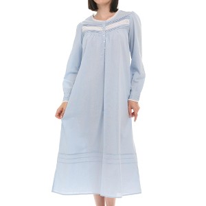 ADR Women's Cotton Nightgown, Long Sleeve Lace Trim Button Up Long Vintage Night Dress Gown - 1 of 4