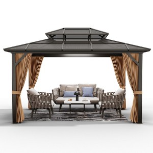 Patio Double Roof Permanent Hardtop Gazebo Pergola with Curtains - 1 of 4