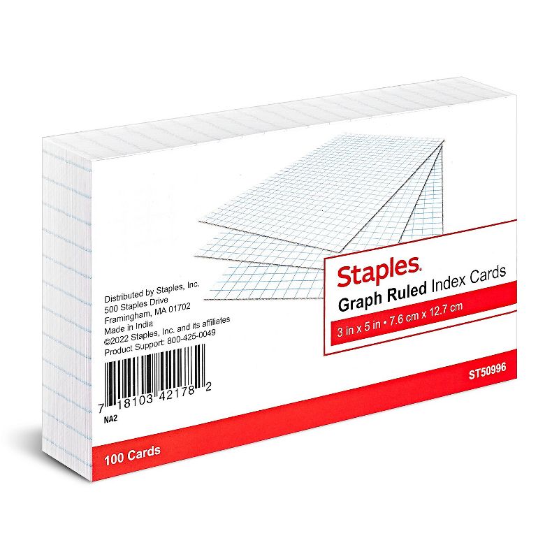 Staples 3" x 5" Graph Ruled White Index Cards 100/Pack TR50996, 1 of 6