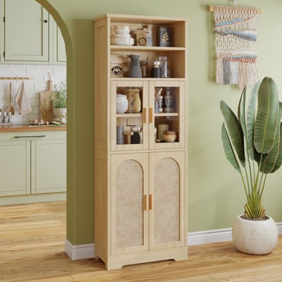 Karl Home 66.9in.H Tan Rattan Display Cabinet Storage Cabinet 4 Doors 6 Tiers