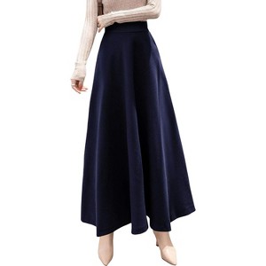 Women's Wool A-Line Maxi Skirt - Fall Winter Swing Pleated Long Skater Skirt Pocket-navy - 1 of 4