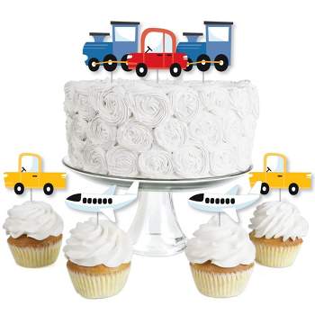 Big Dot of Happiness Cars, Trains, and Airplanes - Dessert Cupcake Toppers - Transportation Birthday Party Clear Treat Picks - Set of 24