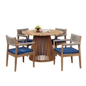 5 Piece Patio Dining Set Acacia Wood with Braided Chairs, Acacia Wood Patio Set with Cushions, Outdoor Round Table Patio Furniture Set-Koiai - 1 of 4