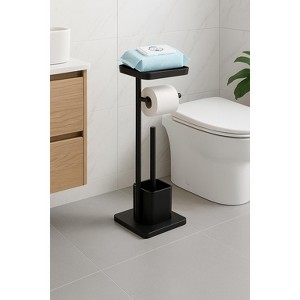 Home Mart Goods Matte Black Toilet Paper Holder Stand With Phone/Wipes Shelf & Toilet Brush - 26" Tall - 1 of 4
