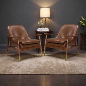 29.2" Cognac Faux Leather Mid-Century Accent Chairs Set of 2 with Brass-Tipped Legs - 1 of 4
