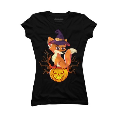 Junior's Design By Humans Cute Witch Fox With Jack O Lantern Halloween Shirt By thebeardstudio T-Shirt