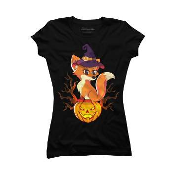 Junior's Design By Humans Cute Witch Fox With Jack O Lantern Halloween Shirt By thebeardstudio T-Shirt