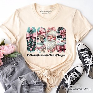 Coquette Pink Christmas T‑Shirt, It's The Most Wonderful Time Of The Year Vintage Tree, Reindeer, Santa and Snowman Tee Natural 2XL - 1 of 4