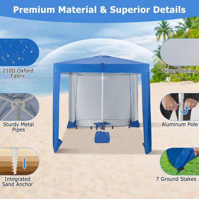 Tangkula Beach Canopy Tent Beach Cabana with Detachable Sidewall 5 Sandbags Carrying Bag UPF 50+ Protection Outdoor Beach Umbrella Shelter for Beach, 3 of 11