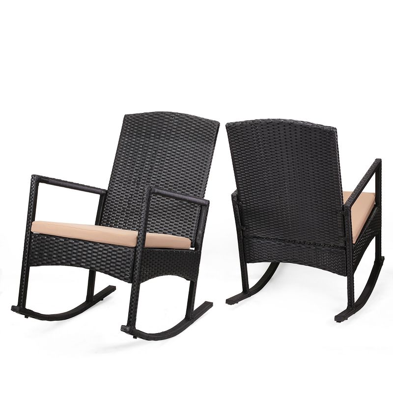 Barton 3PCS Outdoor High-Backrest Rocking Chair Cushion Seat Seating Group w/ Table Set (Black/Beige), 4 of 8