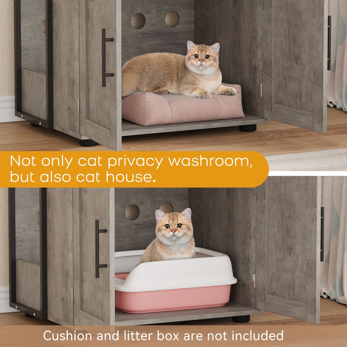 Cat Litter Box Enclosure with Storage Shelves, 2-in-1 Hidden Furniture Cabinet for Indoor Cat House with Door, Grey - thumbnail 8