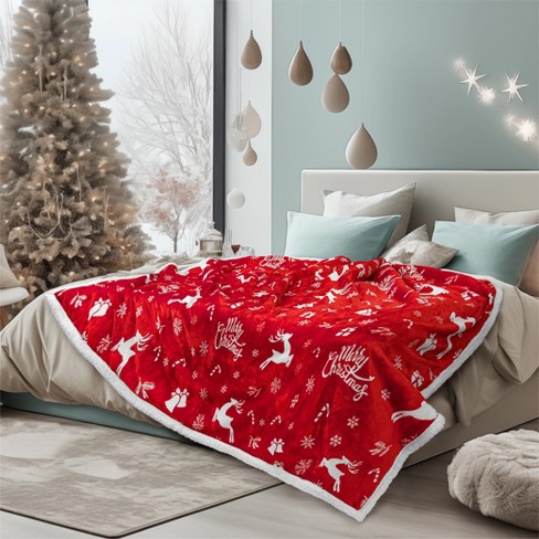 PAVILIA Fleece Plush Microfiber Throw Blanket for Couch Sofa and Bed Reversible Red Reindeer Twin 60x80