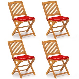 Costway Outdoor Folding Chairs Set of 4 Acacia Wood High-Back Chair with Seat Cushions Beige/Navy/Red - 1 of 4