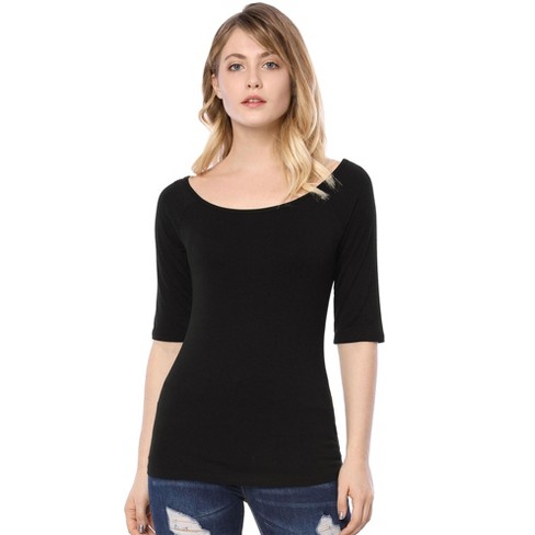 Allegra K Women's Half Sleeves Scoop Neck Fitted Layering Soft T-Shirt  Black Small