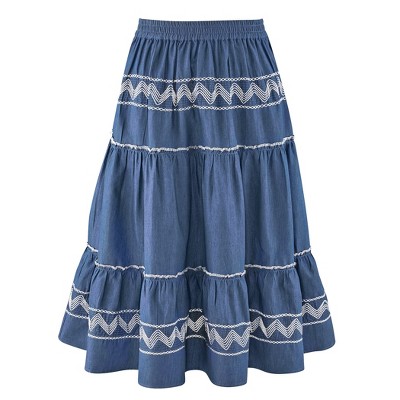 Collections Etc Stylish Embroidered Detail Tiered Denim Pull-On Skirt