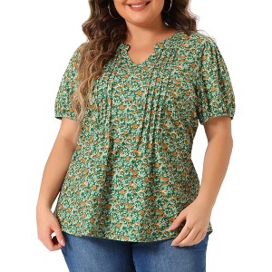 Agnes Orinda Women's Plus Size Pleated Front V Neck Short Sleeve Retro Floral Blouses - 1 of 4