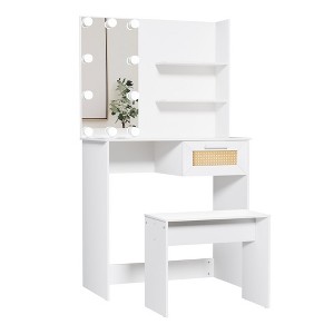 Vanity Desk Set Stool & Dressing Table with LED Lighting Mirror Drawer and Compartments Modern Wood Cosmetic Table Chest of Drawers - 1 of 4
