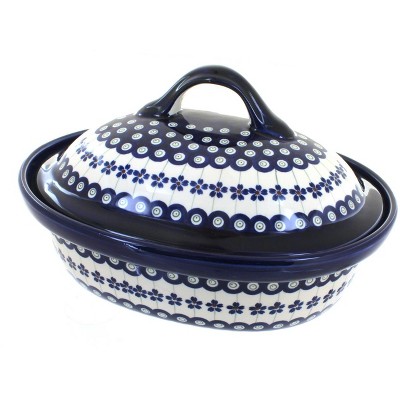 Blue Rose Polish Pottery Flowering Peacock Roaster with Lid